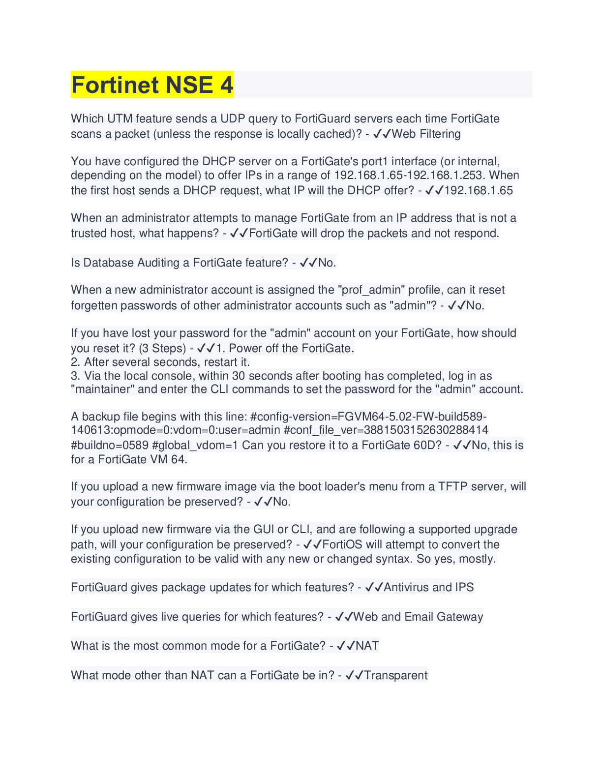 Preview image for Fortinet NSE 4 Test | 50 Questions with 100% Correct Answers